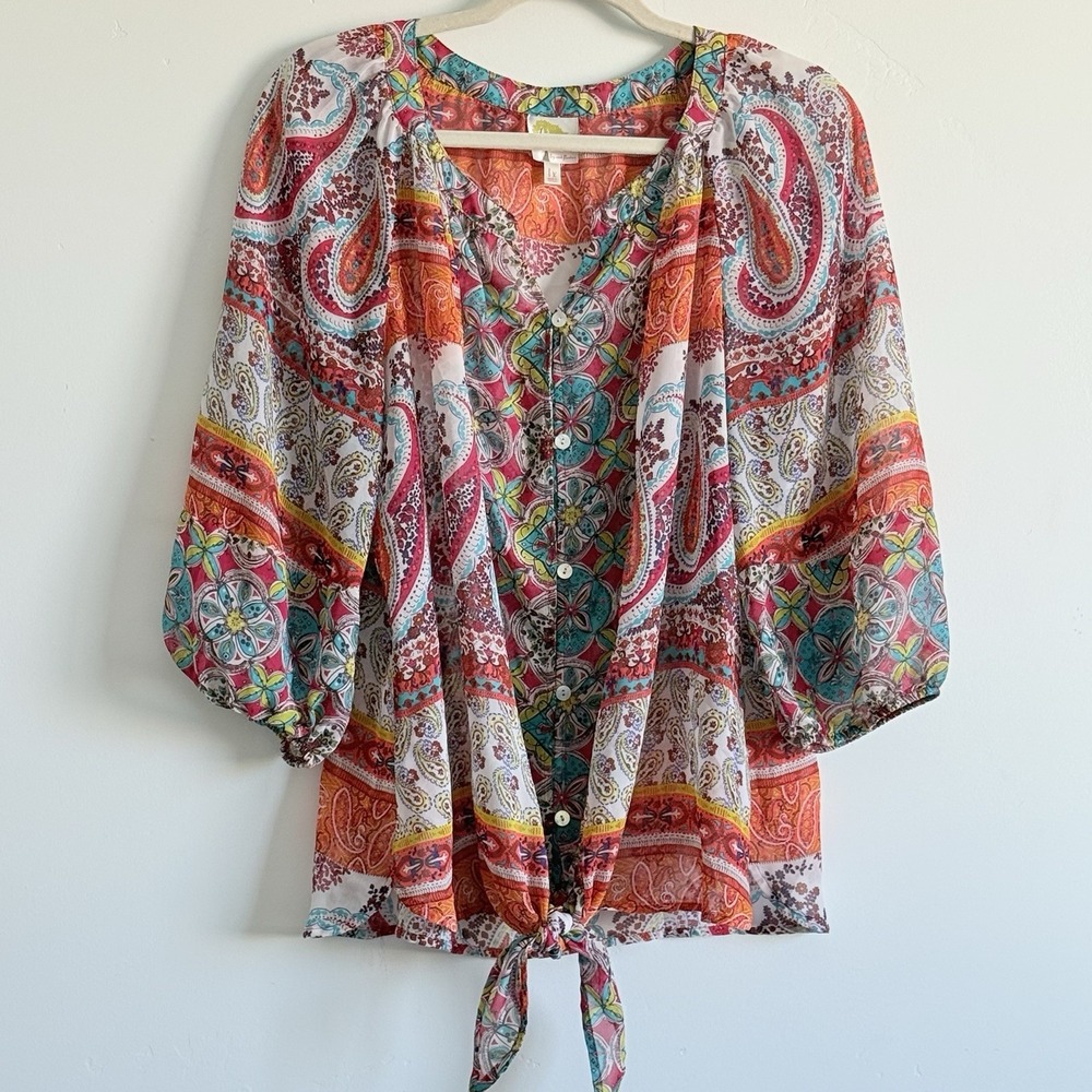 Anthropologie Fig & Flower Blouse Top Woman 1X Bright Bold Festive Party‎